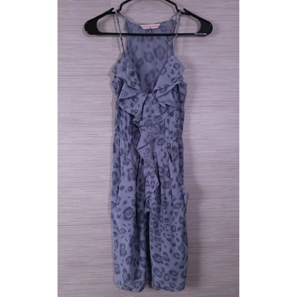 Rebecca Taylor Dress Womens 0 Blue Leopard Print 100% Silk‎ Ruffle Midi Sundress